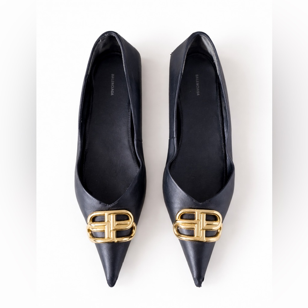 Balenciaga BB Knife Black Leather Gold Logo Ballet Flats 40